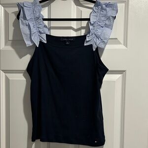 Tommy Hilfiger Black Tank Top with Striped Ruffled Straps